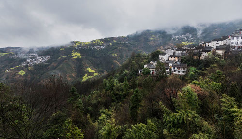 Scenic view of trees and mountains against sky