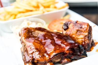 Close-up of steak served in plate