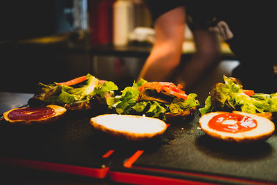 Close-up of served food on table