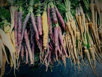 High angle view of purple for sale in market