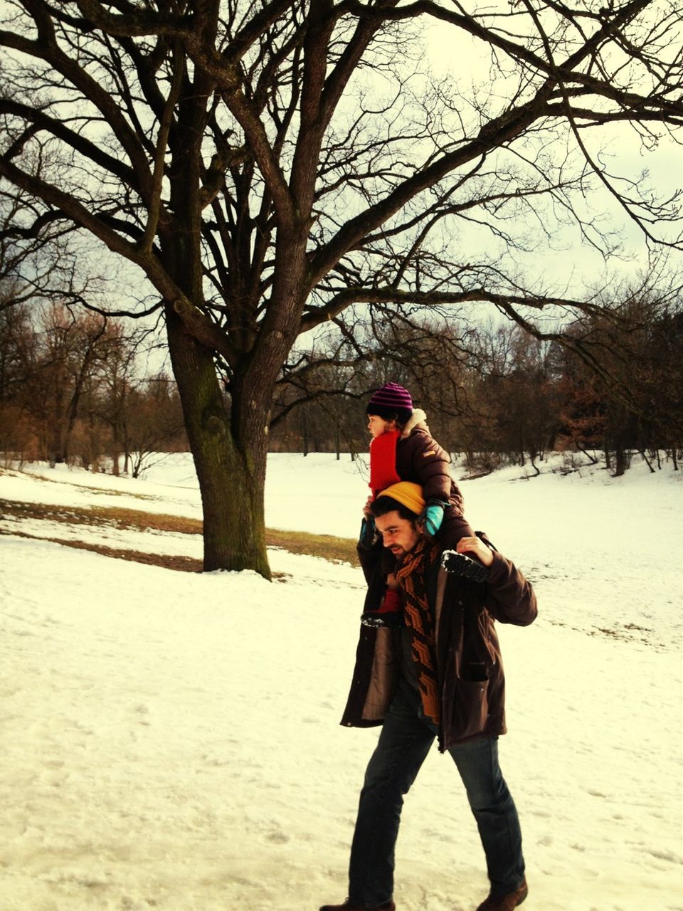 winter, snow, cold temperature, lifestyles, leisure activity, season, tree, warm clothing, full length, weather, bare tree, field, childhood, rear view, casual clothing, landscape, white color, men