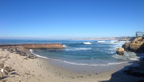 Scenic view of sea against clear blue sky