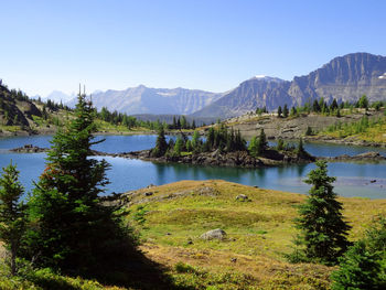 Scenic view of lake against clear blue sky