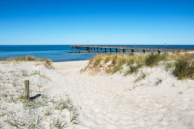 Scenic view of beach against clear blue sky