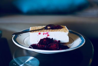 Close-up of cake in plate on table