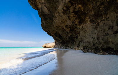 Scenic view of beach against blue sky