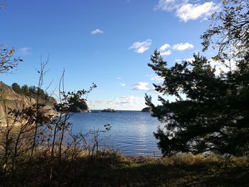 Scenic view of lake and landscape against sky