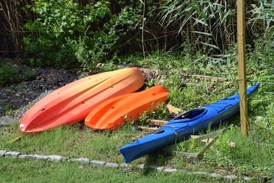 Boats moored in grass