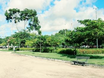 Scenic view of green landscape and trees against sky