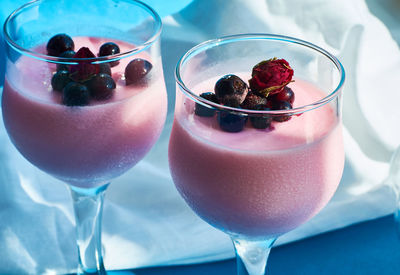 High angle view of breakfast in glass on table