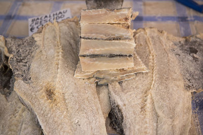 High angle view of dried fish at market for sale