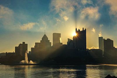 View of skyscrapers at sunset