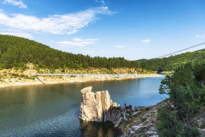 Scenic view of lake by trees against sky