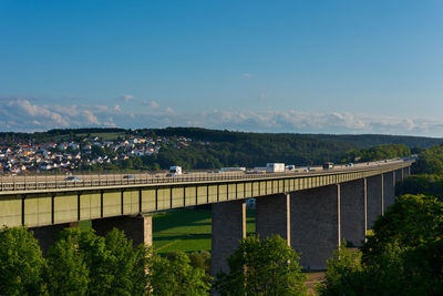 Bridge over river in city against sky