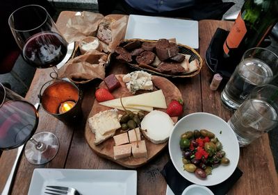 High angle view of breakfast served on table
