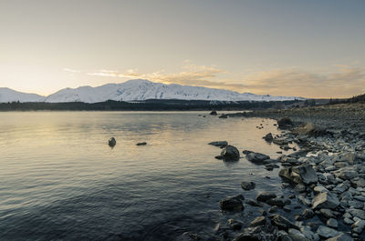 Scenic view of lake against sky during sunset