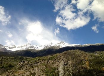 Scenic view of mountains against cloudy sky