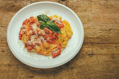 High angle view of food in plate on table