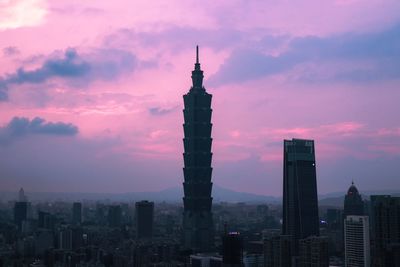 View of buildings against cloudy sky during sunset