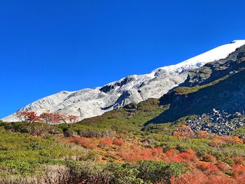 Low angle view of mountain against clear blue sky