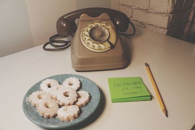 High angle view of cookies on table