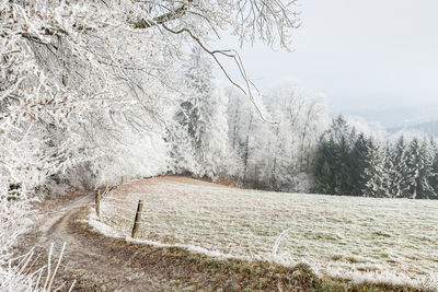 Snow covered landscape against sky