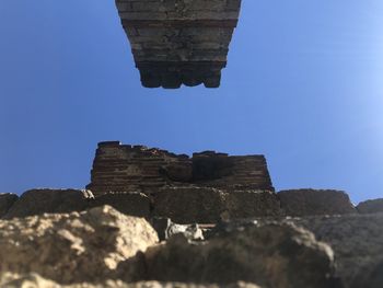 Low angle view of rock formation against clear blue sky