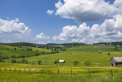 Scenic view of farm against sky