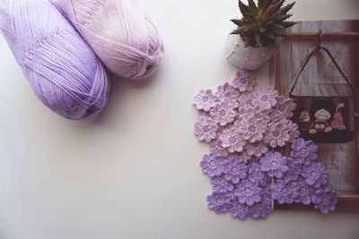 Close-up of purple flowers on table