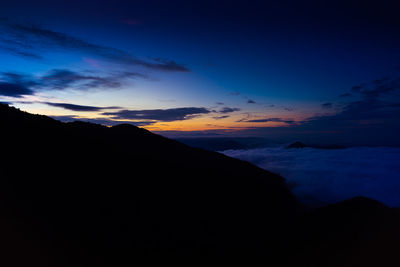 Scenic view of silhouette mountain against sky at sunset