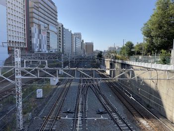 Railroad tracks amidst buildings in city against clear sky