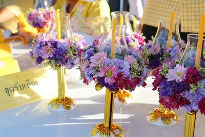 Close-up of purple flowers on table