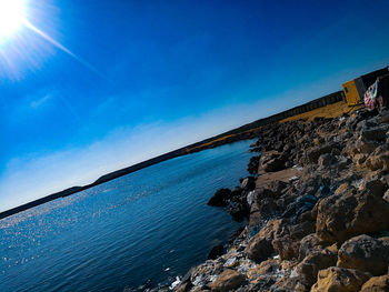 Scenic view of sea against blue sky