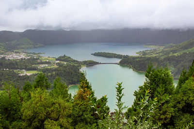 Scenic view of lake and trees against sky