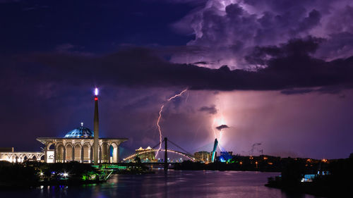 Panoramic view of illuminated city against sky at night