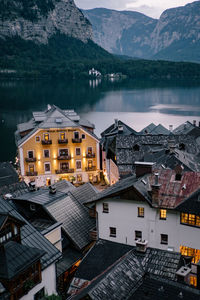 High angle view of townscape by lake