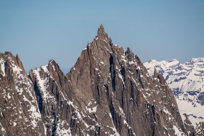 Panoramic view of snowcapped mountains against clear sky