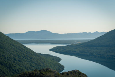 Scenic view of lake and mountains against clear sky