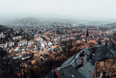 High angle view of townscape against sky during winter