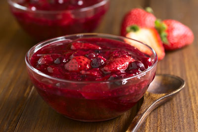 Close-up of ice cream in bowl on table