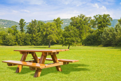 Empty bench on field by trees against sky