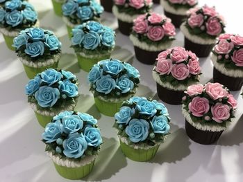 High angle view of various flowers on table