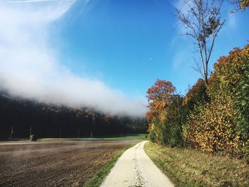 Road amidst trees against sky during autumn