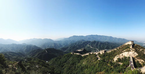 Scenic view of mountains against clear blue sky