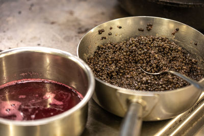 High angle view of coffee beans in container