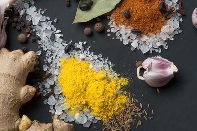 High angle view of various spices on table