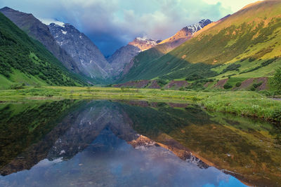 Scenic view of lake and mountains against sky