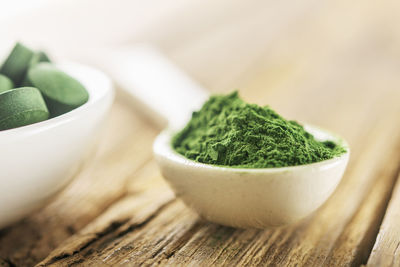 Close-up of green salad in bowl on table