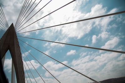 Low angle view of suspension bridge against sky