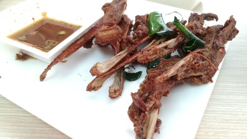 High angle view of food in plate on table